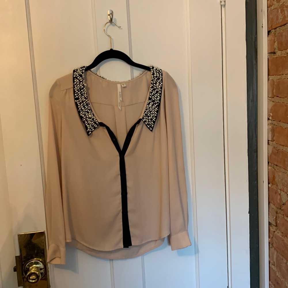 Light pink blouse with pearl and sequined embellished collar